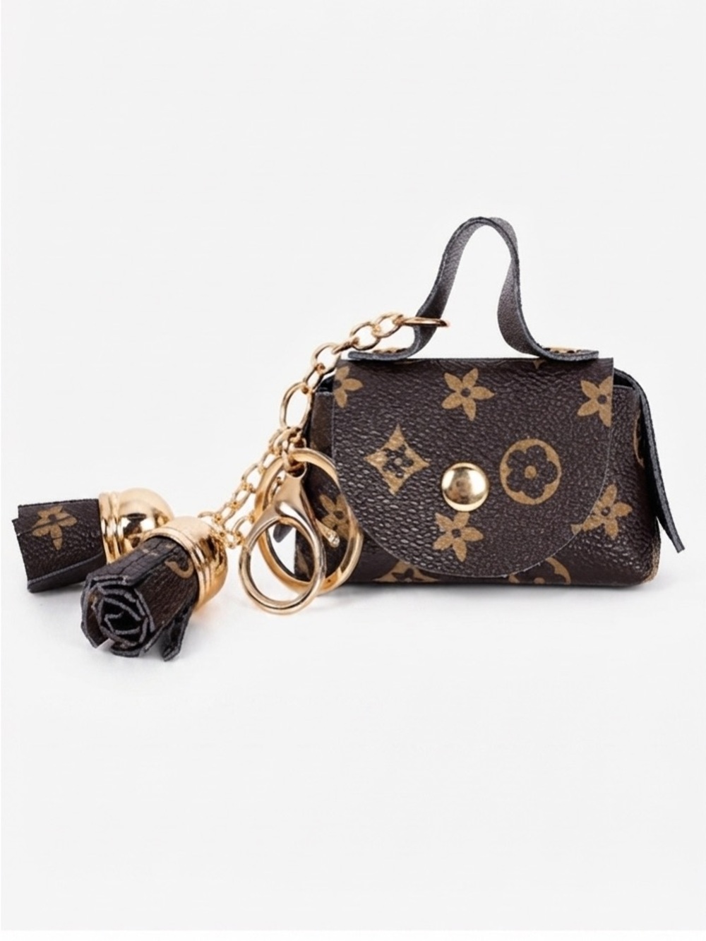 Brown Mini Bag Keychain with Gold Hardware